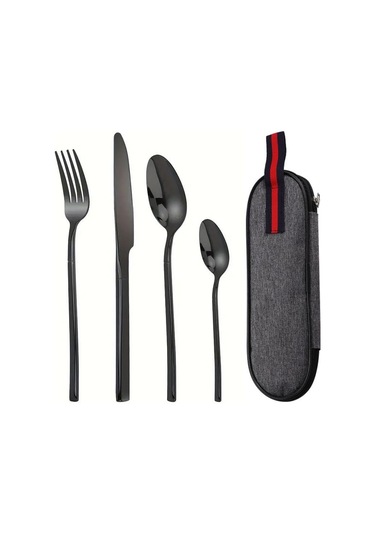 Valkyrie Çantalı Yolculuk Çatal Kaşık Bıçak Seti Kişiye Özel 1. Sınıf Paslanmaz Çelik Ofis Okul Kamp Restaurant C3404 Siyah