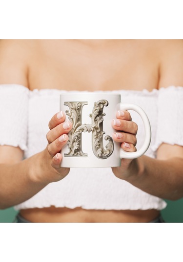 H Harfi Bardak, Monogram 330 Ml Barok Oymalı Görünüm Beyaz