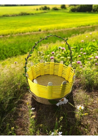 Sepet Takı Organizer Makyaj Kutusu Hasır El Yapımı Çok Amaçlı Komidin Üstü Sarı