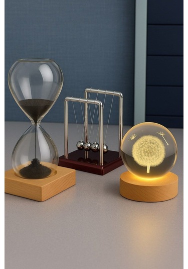 Ofisinize 3 Lü Masaüstü Dekorasyonu Usb'li Led Işıklı Karahindiba Küre Kum Saati Newton Balans Hedye Çok Renkli