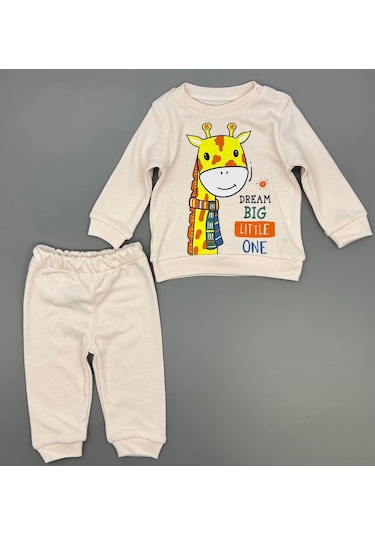 Kız Bebek Zürafa Baskılı Çıt Çıtlı Alt Üst İkili Gündelik Takım 6-18 Ay Krem