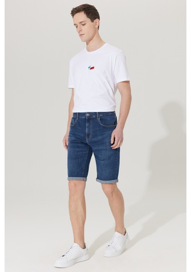 Ac&Co / Altınyıldız Classics Erkek K.Mavı Slim Fit Dar Kesim Pamuklu Esnek Denim Şort Koyu Mavi