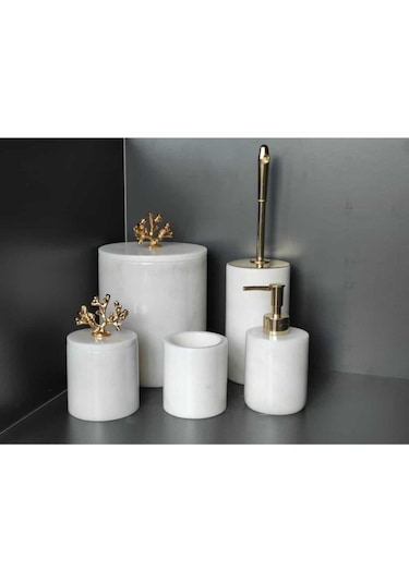 Beyaz Mermer Gold Mercan Aksesuarlı 5'li Banyo Seti Beyaz