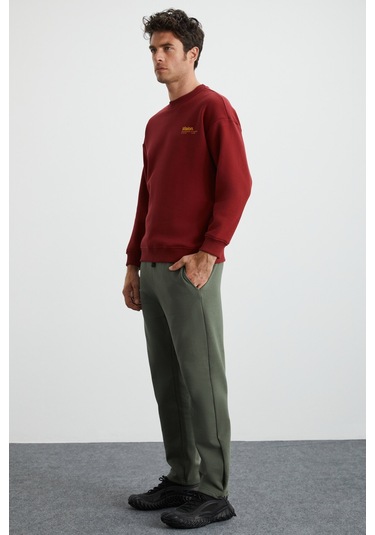 Ernest Erkek Yumuşacık Içi Polarlı Baskı Detaylı Organik Pamuk Oversize Bordo Sweatshirt