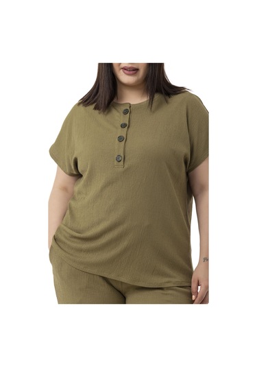 Büyük Beden Düşük Kollu Bluz Pantolon Haki İkili Takım Haki