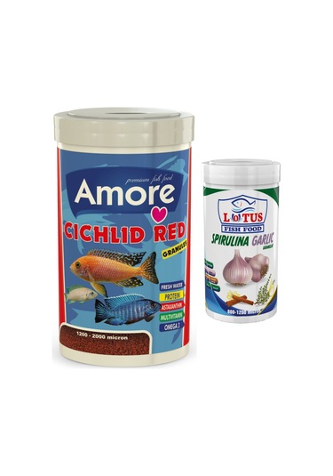 Cichlid Red Granules 1Lt ve Spirulina Garlic Kutu Balık Yemi