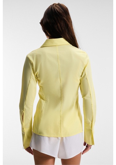 PAPILUS Kadın Regular %100 Organik Pamuk İnce Uzun Gömlek Yaka Uzun Kollu Sarı Gömlek