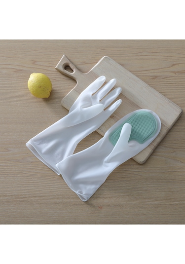 Çok Fonksiyonlu Pratik Kendinden Fırçalı Su Geçirmez Lateks Kadın Bulaşık Temizlik Eldiveni Yeşil