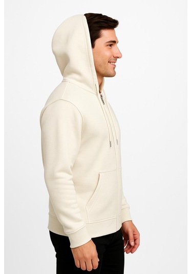 Axxel Erkek Krem Fermuarlı Kapüşonlu Sweatshirt-w590 Krem 3 İplik Şardonlu