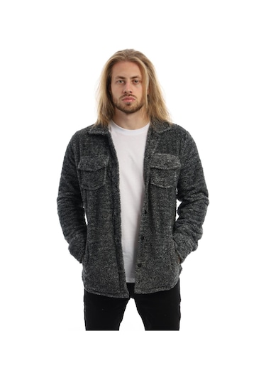 Erkek Çıt Çıt Detaylı Cepli Peluş Ceket Antrasit-melanj Antrasit Melanj