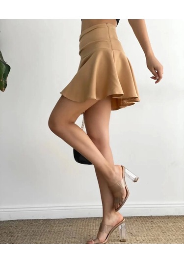 Kemerden Büzgülü Etek Camel Camel