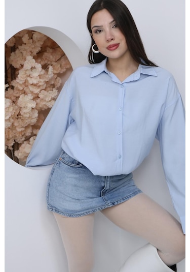 Kadın Mavi Oversize Uzun Basic Gömlek