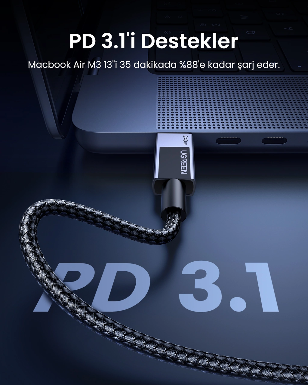 Ugreen Usb-c To Usb-c 240w Pd Hızlı Şarj Kablosu, Uzay Grisi, 1m, 45067 -