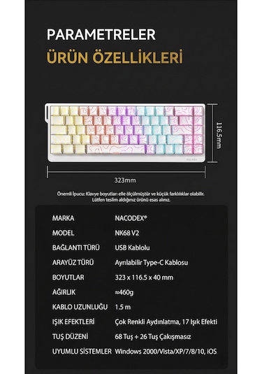 Nk68v2 Hot Swap Kablolu Mekanik Oyun Klavyesi- Red Switch-bilek Askılı