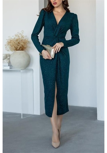 Kadın Büzgü Detaylı Simli Gece Elbisesi Dpnbmy3633 Yeşil