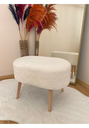 Oval Model Ahşap Ayaklı Teddy Kumaş Dekoratif Puf