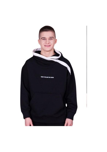 Çocuk 2 İplik Kumaş Pamuklu Sırtı Yazı Detaylı Kapüşonlu Tasarım Sweatshirt-13541 Siyah