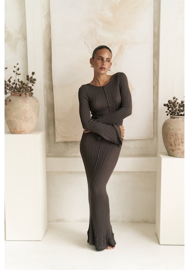 Matias Sırt Dekolteli Boz Kahve Triko Uzun Elbise Boz Kahve