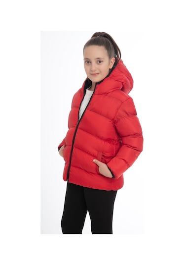 Kız Çocuk Polarlı Kürklü Kapüşonlu Su Geçirmez Rüzgara Dayanıklı Cepli Şişme Kışlık Mont Kırmızı