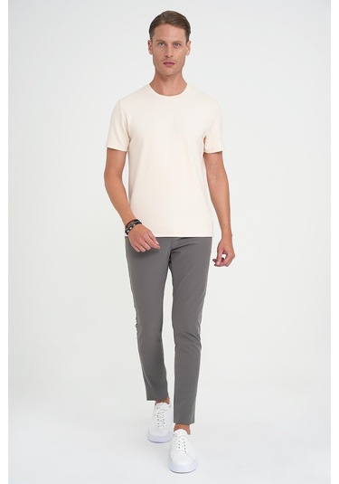 Comfort Fit Bisiklet Yaka Esnek Pamuk Casual Krem Tişört Ts 885 Krem