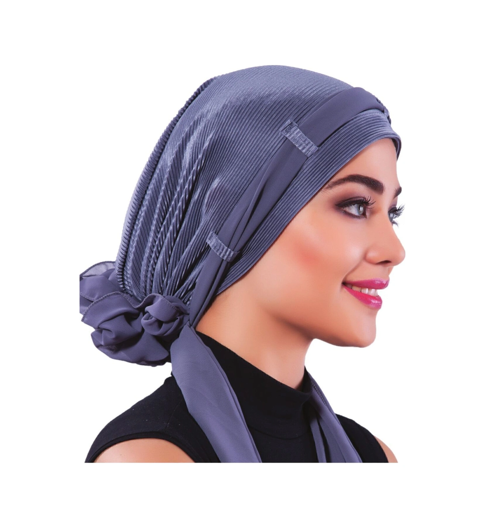 Plise Fularlı Arkası Şifon Incili Çiçek Aksesuarlı Koyu Gri Hazır Türban Tesettür Bone Koyu Gri