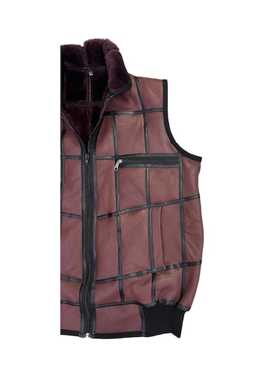 Içi Kürk-Dışı Süet Gerçek Deri Yakalı Ve Trikolu Yelek Bordo