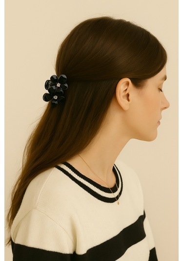 Siyah Taşlı Çiçek Gümüş Detaylı Metal Mandal Toka 4 Cm Siyah