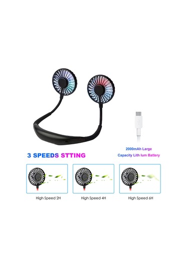 Symbee Boyun Bağlı Mini Fan, 3 Hızlı, 360 Ayarlanabilir, Kokulu Pamuk, Led Işıklı, Usb Şarjlı, Taşınabilir Soğutucu - Siyah