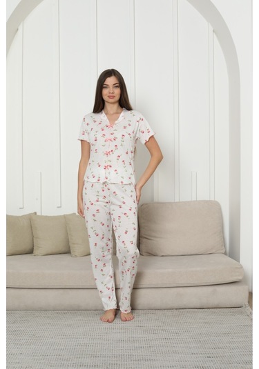 Kadın Örgü Kumaş Blue Flower Pattern Kısa Kol Pijama Takımı Kırmızı