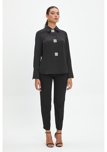 Kadın Taş Düğme Detaylı Gömlek - Siyah