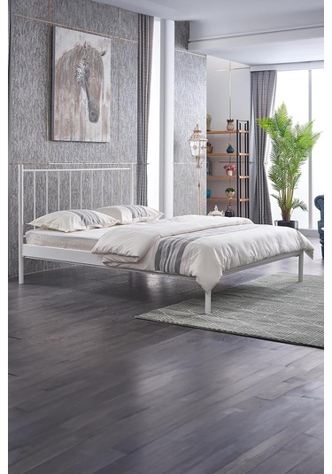 Falez-st Çift Kişilik Metal Karyola-beyaz Yüksek Başlıklı Ahşap Latalı