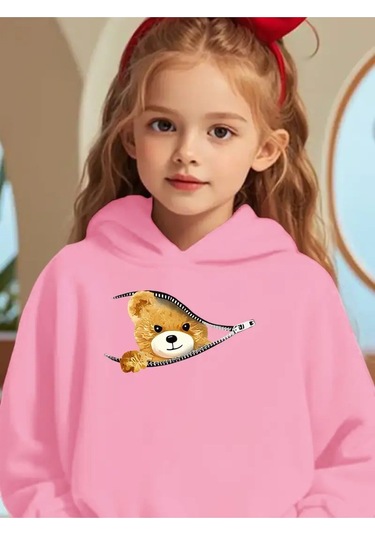 Kızlar İçin Sonbahar Kışlık Kapüşonlu Sweatshirt Fermarlı Ayıcık Pembe