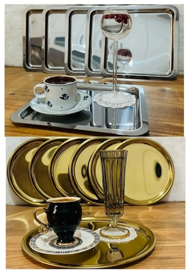 12'li Paslanmaz Çelik Sunum Tepsi Kare Gümüş Yuvarlak Gold