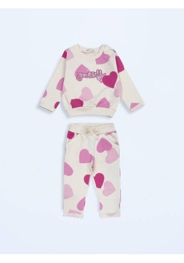 Kız Çocuk Pamuklu Kalp Desenli Eşofman Takım-15498 Çok Renkli