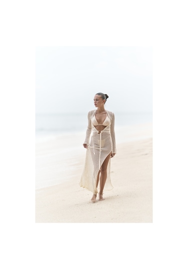 Fajahar Dekolteli Bağcıklı Bej Triko Uzun Elbise Bej