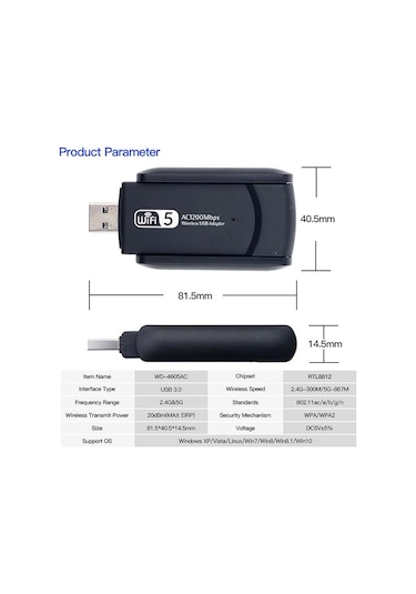 Grc Accessory AC1300  Mbps Dual Band USB 3.0 Kablosuz WI-FI Alıcı Adaptör