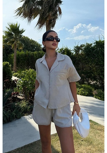 Kadın Taş Kruvaze Cotton Kısa Kol Dokuma İkili Takım Taş