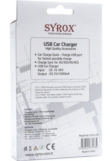 Syrox C29 Araç Şarj Aleti ve Iphone 4S Kablo Set 1A Siyah