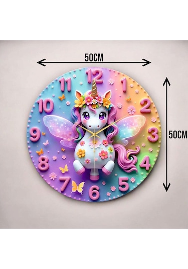 Minik Unicorn Renkli Baskı Tek Boynuzlu At Desenli Sayılı Hediyelik Ahşap Sessiz Duvar Saati 50cm ÇOk Renkli