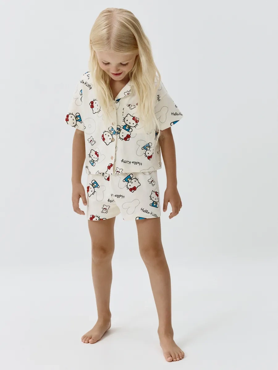 Sela Hello Kitty Baskılı Oversize Gömlekli Ve Şortlu Triko Pijama Takımı 437974958 Sütlü