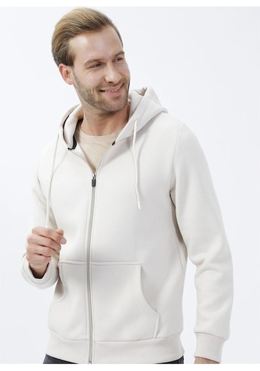 Süvari Kapüşonlu Fermuarlı Yaka Regular Kalıp Düz Ekru Sweatshirt Ekru