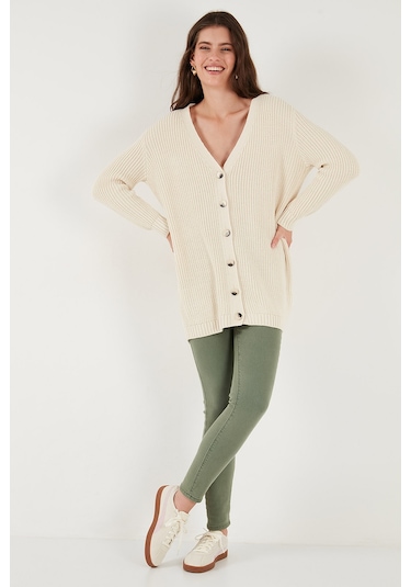 Lela Regular Fit V Yaka Düğmeli Triko Örme Uzun Bayan Hırka 4615044 Taş