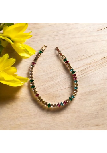 Kırmızı Sanat Evi Çok Renkli Gold Oval Su Yolu Taşlı Klipsli Çelik Bileklik