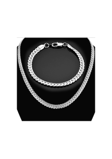 Silver Ezme Yassı Yılan Çelik Unisex Kolye Ve Bileklik Seti Eck36 Beyaz