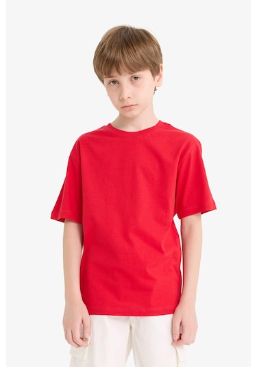 Defacto Erkek Çocuk Bisiklet Yaka Basic Düz Kısa Kollu Tişört K1687a625aurd65 KIrmızı