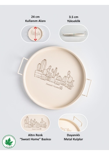 Lin Metal 24cm Yuvarlak Tel Kulplu Tepsi Kaktüs Baskılı - Krem