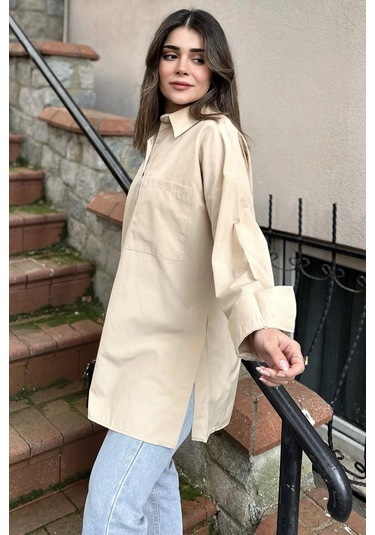 Kadın Bej Terikoton Kumaş, Yırtmaçlı, Rahat Uzun Gömlek Bej
