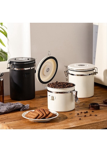 Xurunkeji Kahve Kavanozu Hava Geçirmez Çekirdek Kabı, Tarih Takipli Paslanmaz Çelik Mutfak Saklama Kutusu 1,2 L Beyaz Beyaz