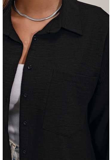 Giyim Dünyası Kadın Tek Cepli Oversize Gömlek Siyah 001