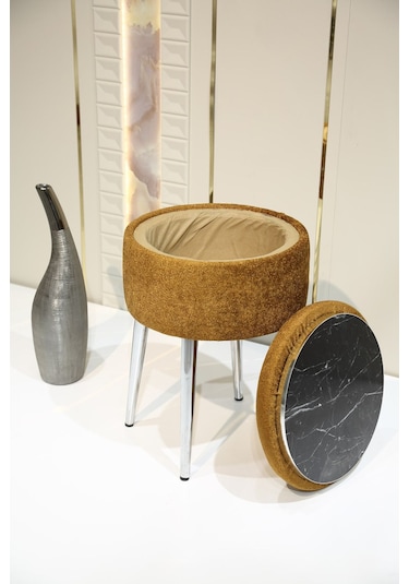 Bella Metal Ayaklı Sehpalı Teddy Kumaş Sehpa&puf Krom - Turuncu